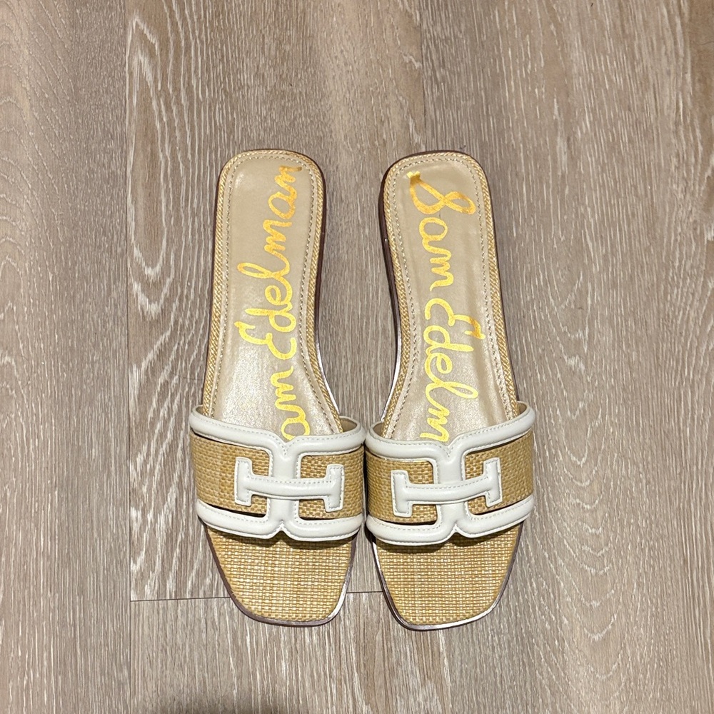 Sam Edelman Irina Tan and Cream Woven Raffia Slide Sandals